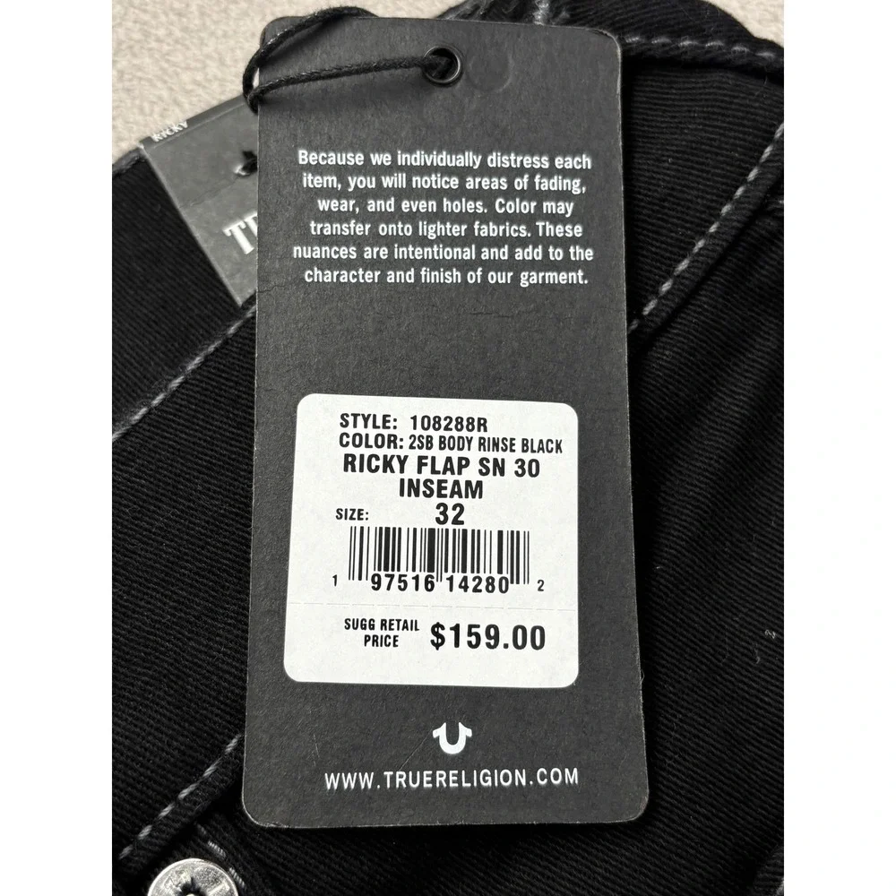 NEW True Religion Ricky Relaxed Straight Black Contrast Stitch Jeans 32x32